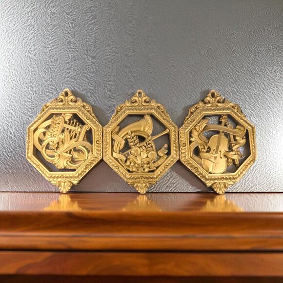 Vintage Homco Musical Instrument Wall Plaques: 1970s Gold Decor, Set of 3 - Picture 1 of 7